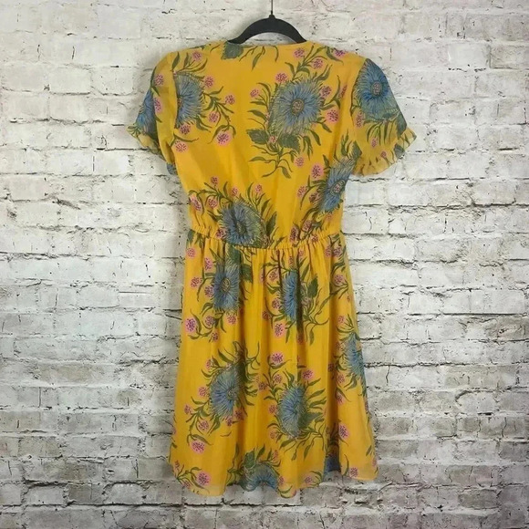 Madewell 00 Sweetgrass Ruffle Sleeve Dress Painted Blooms Yellow Gold Poly J0668 - Picture 9 of 9